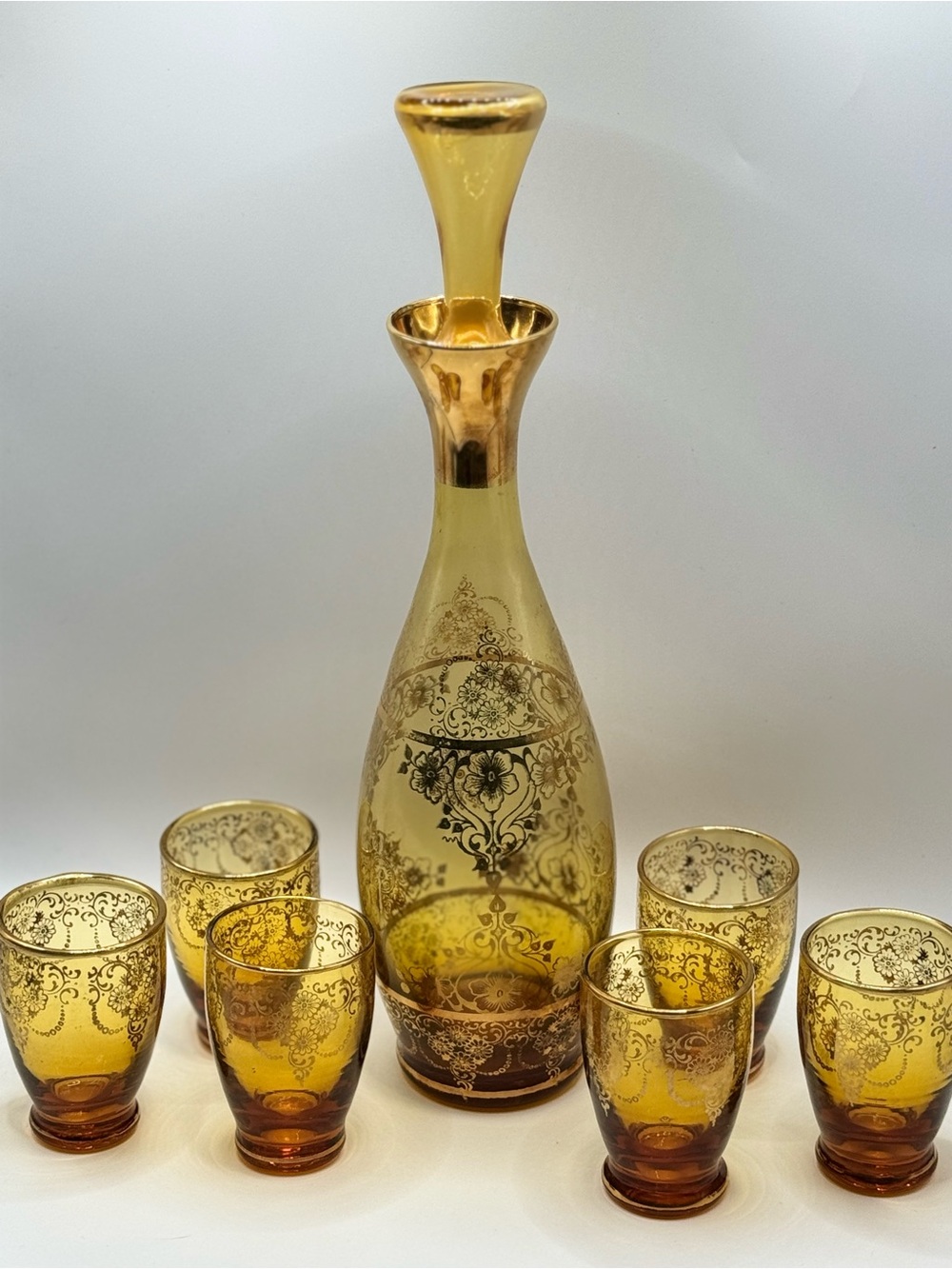 Vtg Laguna Murano Art Glass Decanter Set Amber/Gold Cordial Glasses 1920s Italy - Picture 8 of 11